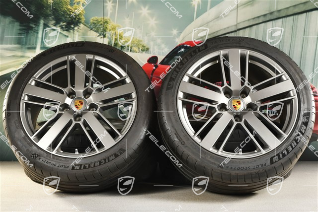 20-inch Panamera Design 2 summer wheel set, rims 9,5J x 20 ET71 + 11,5J x 20 ET68 + Michelin summer tires 275/40 ZR20 + 315/35 ZR20, with TPM, Platinum satin matt