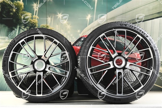 20+21" 911 Turbo S winter wheel set, rims 8.5J x 20 ET40 + 11.5 x 21 ET62 + NEW Michelin winter tyres 245/35 R20 + 315/30 R21, high-gloss black + polished finish