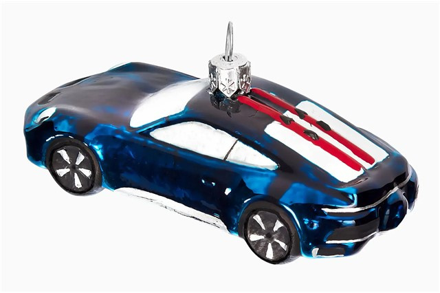 Ozdoba / bombka choinkowa Collector's Edition No. 6 – Boże Narodzenie, Porsche 911 Dakar z nartami, niebieski