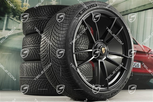 20+21-inch GTS "Turbo S" winter wheel set, central lock rims 8,5J x 20 ET50 + 11J x 21 ET66 + Michelin winter tyres 245/35 R20 + 295/30 R21, black satin matt