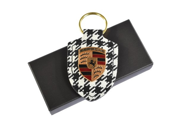 Wappen Schlüsselanhänger, Leder + Pepita Stoff schwarz/weiß