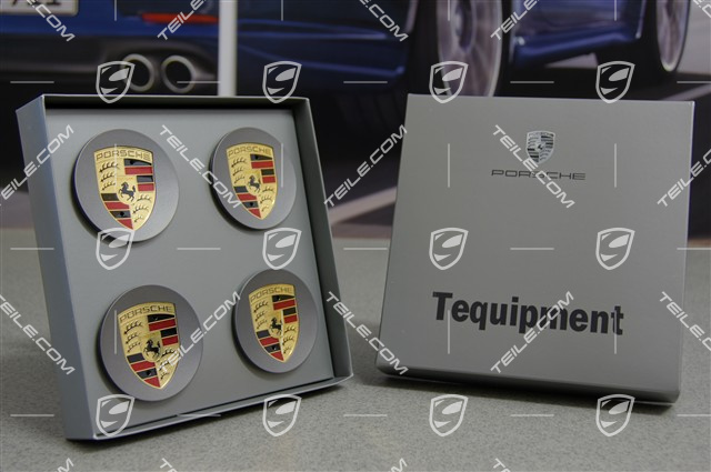 Radzierdeckel Satz (4 Stück), mit farbigem Porsche Wappen, Platinum seidenmatt/seidenglanz, konkav Radzierdeckel Satz (4 Stück), mit farbigem Porsche Wappen, Platinum seidenmatt/seidenglanz, konkav
