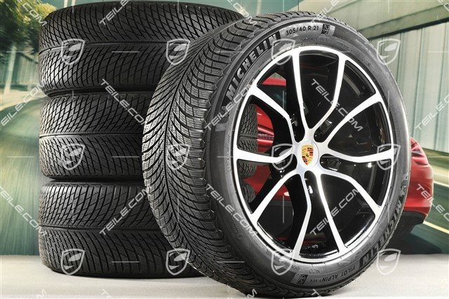 21-inch Cayenne Exclusive Design winter wheel set, rims 9,5J x 21 ET46 + 11,0J x 21 ET49 + NEW Michelin Pilot Alpin 5 SUV winter tyres 285/45 R21 + 305/40 R21, with TPMS, Jet Black Metallic
