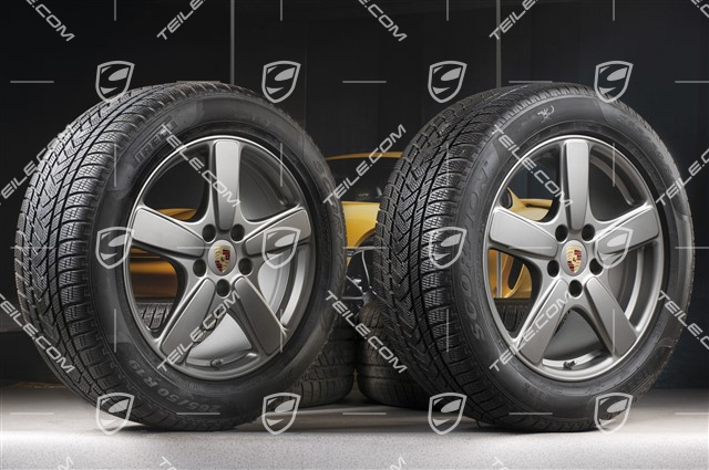 19" Winterräder Satz Cayenne Sport Classic, Felgen 8,5J x 19 ET59 + Pirelli Winterreifen 265/50 R19, in Platinum (seidenglanz) mit RDK-Sensoren