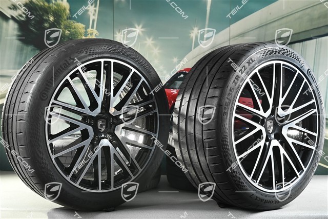 22" Sommerräder 911 Turbo Design, Felgen 10J x 22 ET48 +11,5J x 22 ET61 + Continental Sommerreifen 285/40 R22 + 315/35 R22, schwarz hochglanz, aus Neuwagen / ca. 30 Km, DOT/Bj. 2025