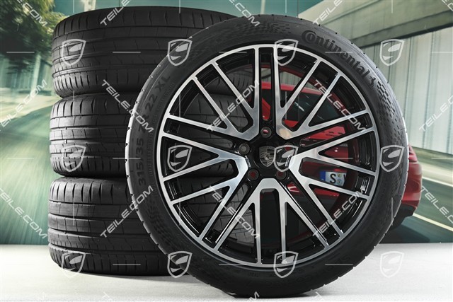 22" Sommerräder 911 Turbo Design, Felgen 10J x 22 ET48 +11,5J x 22 ET61 + Continental Sommerreifen 285/40 R22 + 315/35 R22, schwarz hochglanz, aus Neuwagen / ca. 30 Km, DOT/Bj. 2025