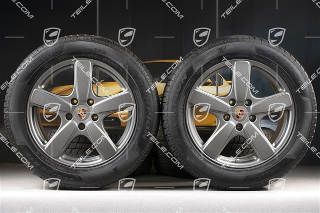 19" Winterräder Satz Cayenne Sport Classic, Felgen 8,5J x 19 ET59 + Pirelli Winterreifen 265/50 R19, in Platinum (seidenglanz) mit RDK-Sensoren