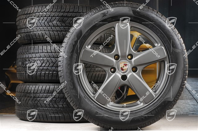 19" Winterräder Satz Cayenne Sport Classic, Felgen 8,5J x 19 ET59 + Pirelli Winterreifen 265/50 R19, in Platinum (seidenglanz) mit RDK-Sensoren