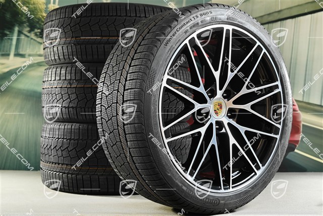 22" Macan RS Spyder Design Winterräder Satz, Felgen 9J x 22 ET29 + 11J x 22 ET47 + Continental Winterreifen 255/40 R22 + 295/35 R22, in Schwarz Hochglanz