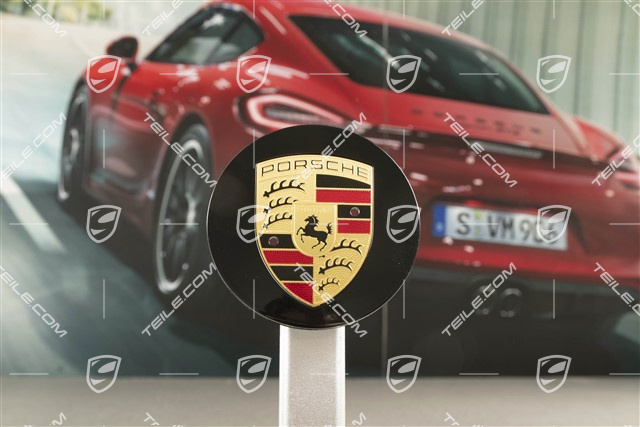 Radzierdeckel, konvex, Porsche Wappen farbig, für Carrera Classic Räder, schwarz hochglanz