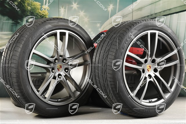 21" Cayenne Turbo Sommerräder Satz, Felgen 9,5J x 21 ET46 + 11,0J x 21 ET49 + Pirelli P Zero Sommerreifen 285/40 R21 + 315/35 R21, Platinum Seidenmatt
