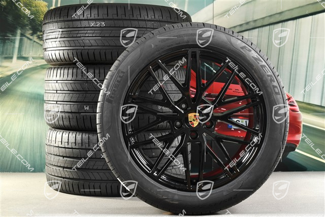 21" koła letnie Cayenne Coupe RS Spyder Design, komplet, felgi 9,5J x 21 ET46 + 11,0J x 21 ET49 + NOWE opony letnie Pirelli P Zero 285/45 R21 + 315/40 R21, z czujnikami ciśnienia, czarny wysoki połysk