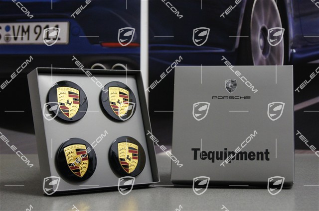 Hub cap set, convexe, black high gloss, crest coloured