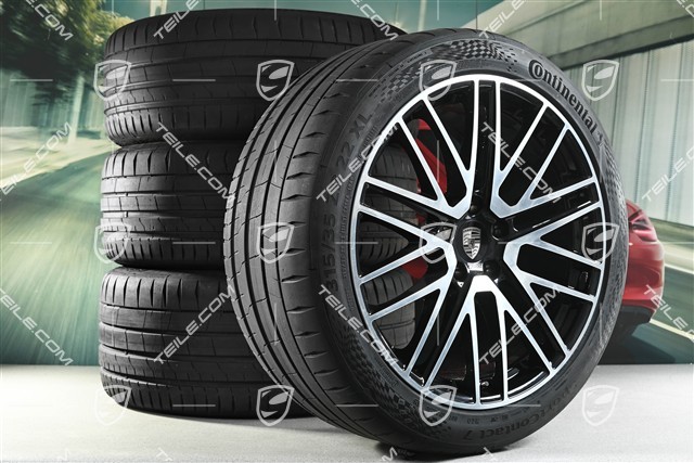 22" Sommerräder 911 Turbo Design, Felgen 10J x 22 ET48 +11,5J x 22 ET61 + Continental Sommerreifen 285/40 R22 + 315/35 R22, schwarz hochglanz, aus Neuwagen / ca. 30 Km, DOT/Bj. 2025