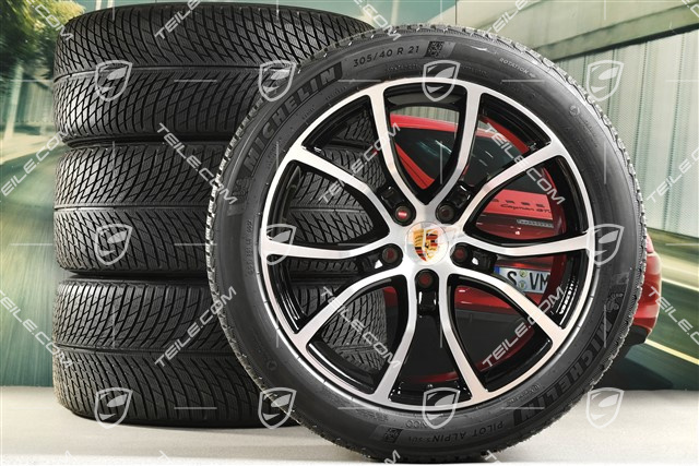 21-inch Cayenne Exclusive Design winter wheel set, rims 9,5J x 21 ET46 + 11,0J x 21 ET49 + NEW Michelin Pilot Alpin 5 SUV winter tyres 285/45 R21 + 305/40 R21, with TPMS, Jet Black Metallic