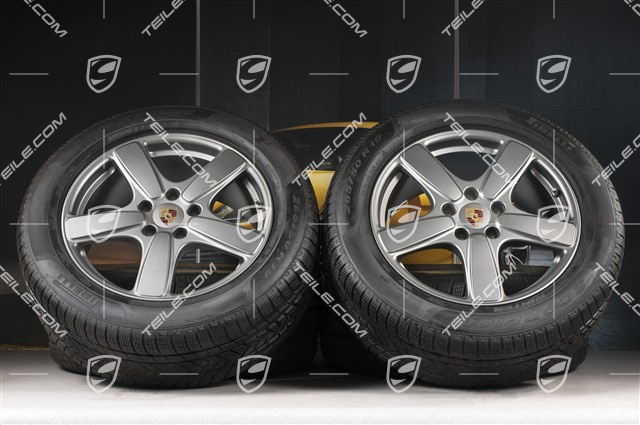 19" Winterräder Satz Cayenne Sport Classic, Felgen 8,5J x 19 ET59 + Pirelli Winterreifen 265/50 R19, in Platinum (seidenglanz) mit RDK-Sensoren