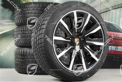 20" koła zimowe Taycan Tequipment Design, komplet, felgi 9J x 20 ET54 + 11J x 20 ET60 + NOWE opony zimowe Pirelli 245/45 R20 + 285/40 R20, czarny wysoki połysk