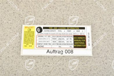 Aufkleber / Klebeschild / Hinweiss Reifen- und Ladeinformation, Carrera 4 USA