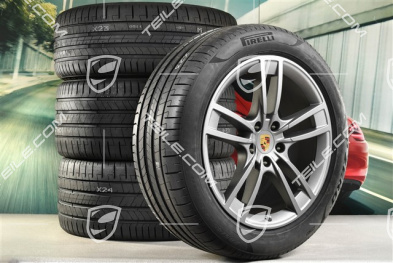 21" Cayenne Turbo Design Sommerräder Satz, Felgen 9,5J x 21 ET46 + 11,0J x 21 ET58 + NEUE Pirelli P Zero Sommerreifen 285/45 R21 + 315/40 R21, mit RDK-Sensoren, Vesuvgrau