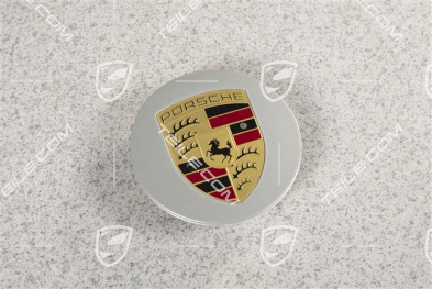 Hub cap, convex, crest coloured, brilliant chrome