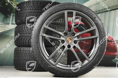 21" koła zimowe Cayenne COUPÉ Turbo Design, komplet, felgi 9,5J x 21 ET46 + 11,0J x 21 ET49 + NOWE opony zimowe Michelin 275/40 R21 + 305/35 R21, z czujnikami ciśnienia, platinum satynowy półmat