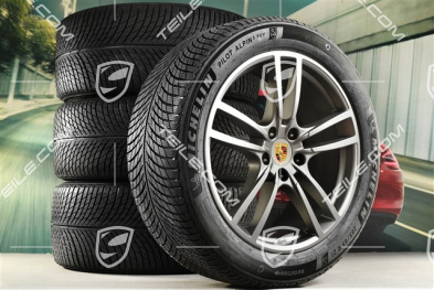 21-inch Cayenne Turbo Design winter wheel set, rims 9,5J x 21 ET46 + 11,0J x 21 ET49 + NEW Michelin winter tyres 285/45 R21 + 305/40 R21, with TPMS, platinum satin matt
