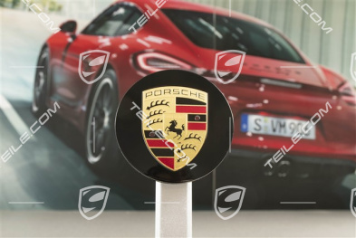 Radzierdeckel, konvex, Porsche Wappen farbig, für Carrera Classic Räder, schwarz hochglanz