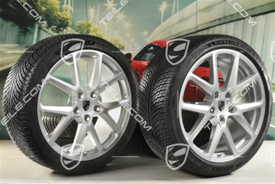 21" Panamera SportDesign Winterräder Satz, Felgen 9,5J x 21 ET71 + 10,5J x 21 ET71 + NEUE Michelin Pilot Alpin 5 Winterreifen 275/35 R21 + 315/30 R21, Silber Metallic