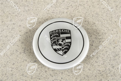 Radzierdeckel, für Innendurchmesser 66 mm, für Fuchsfelgen, eloxiert, silber mit schwarzem, geprägten Porsche Wappen