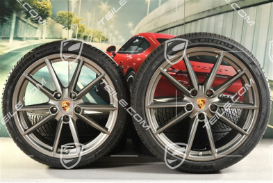 20"+21" koła zimowe Carrera S, komplet, felgi 8,5J x 20 ET53 + 11J x 21 ET66 + opony zimowe Michelin 245/35 R20 + 295/30 R21, Platinum satynowy mat