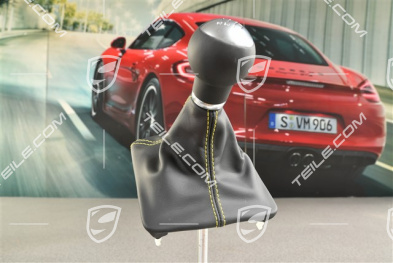 GT4, Shift lever / gear shift knob with Leather gaiter / sleeve and Yellow thread, 6-speed manual transmission