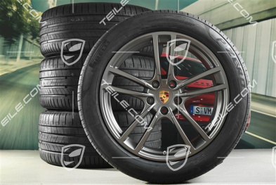 21" Cayenne Turbo Sommerräder Satz, Felgen 9,5J x 21 ET46 + 11,0J x 21 ET49 + NEUE Pirelli P Zero Sommerreifen 285/40 R21 + 315/35 R21, Platinum Seidenmatt