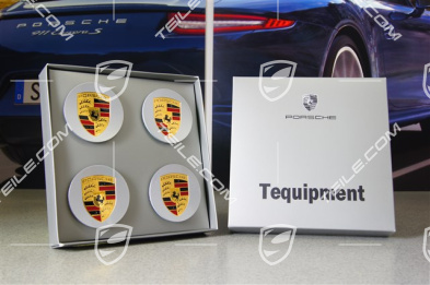 Radzierdeckel Satz (4 Stück), mit farbigem Porsche Wappen, Konkav, Brilliant Chrom Radzierdeckel Satz (4 Stück), mit farbigem Porsche Wappen, Konkav, Brilliant Chrom