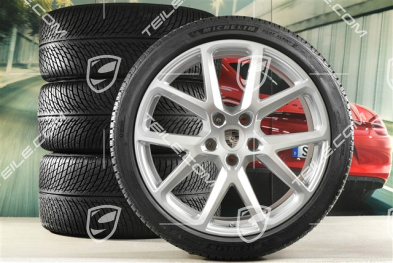 21" Panamera SportDesign Winterräder Satz, Felgen 9,5J x 21 ET71 + 10,5J x 21 ET71 + NEUE Michelin Pilot Alpin 5 Winterreifen 275/35 R21 + 315/30 R21, Silber Metallic