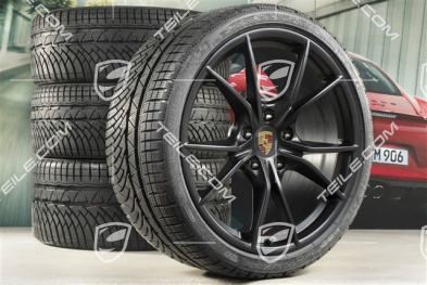 20" Carrera S winter wheels set for Cayman GT4 / Boxster Spyder, rims 8J x 20 ET57 + 10J x 20 ET45 + NEW Michelin winter tires 235/35 R20 + 275/30 R20, black (satin matt), with TPMS